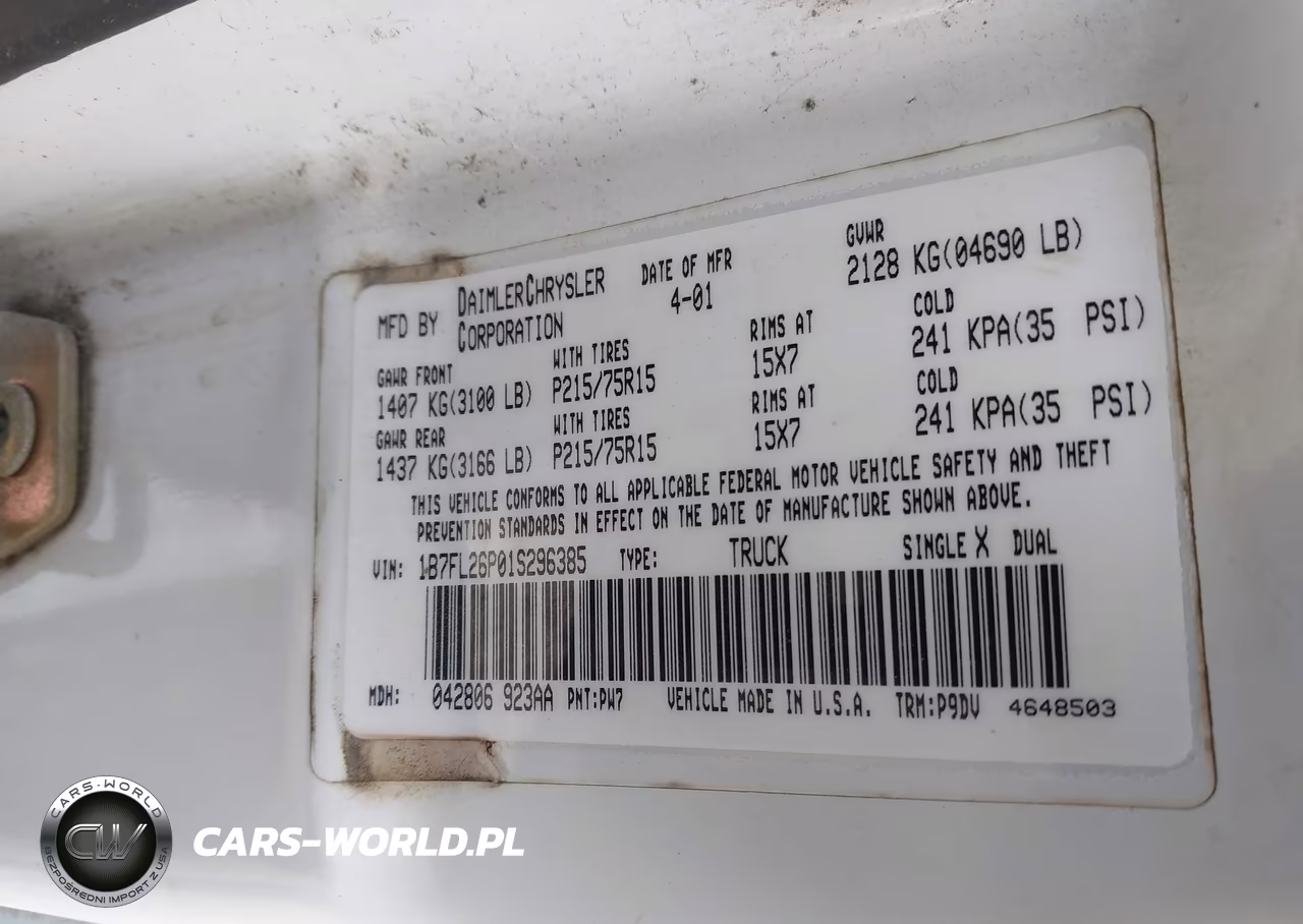 2001 Dodge Dakota Sport VIN:1B7FL26P01S296385 - 9