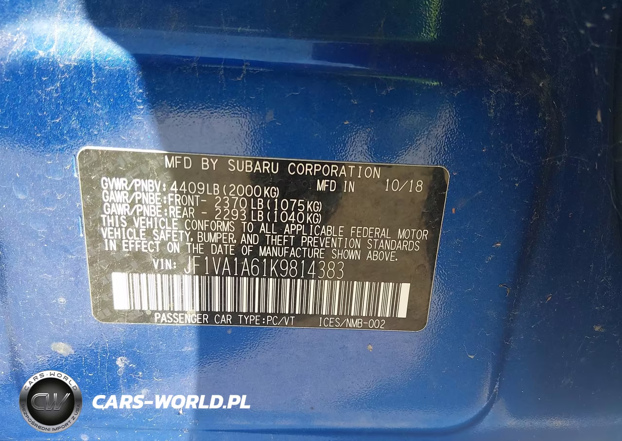 2019 Subaru Wrx VIN:JF1VA1A61K9814383 - 9