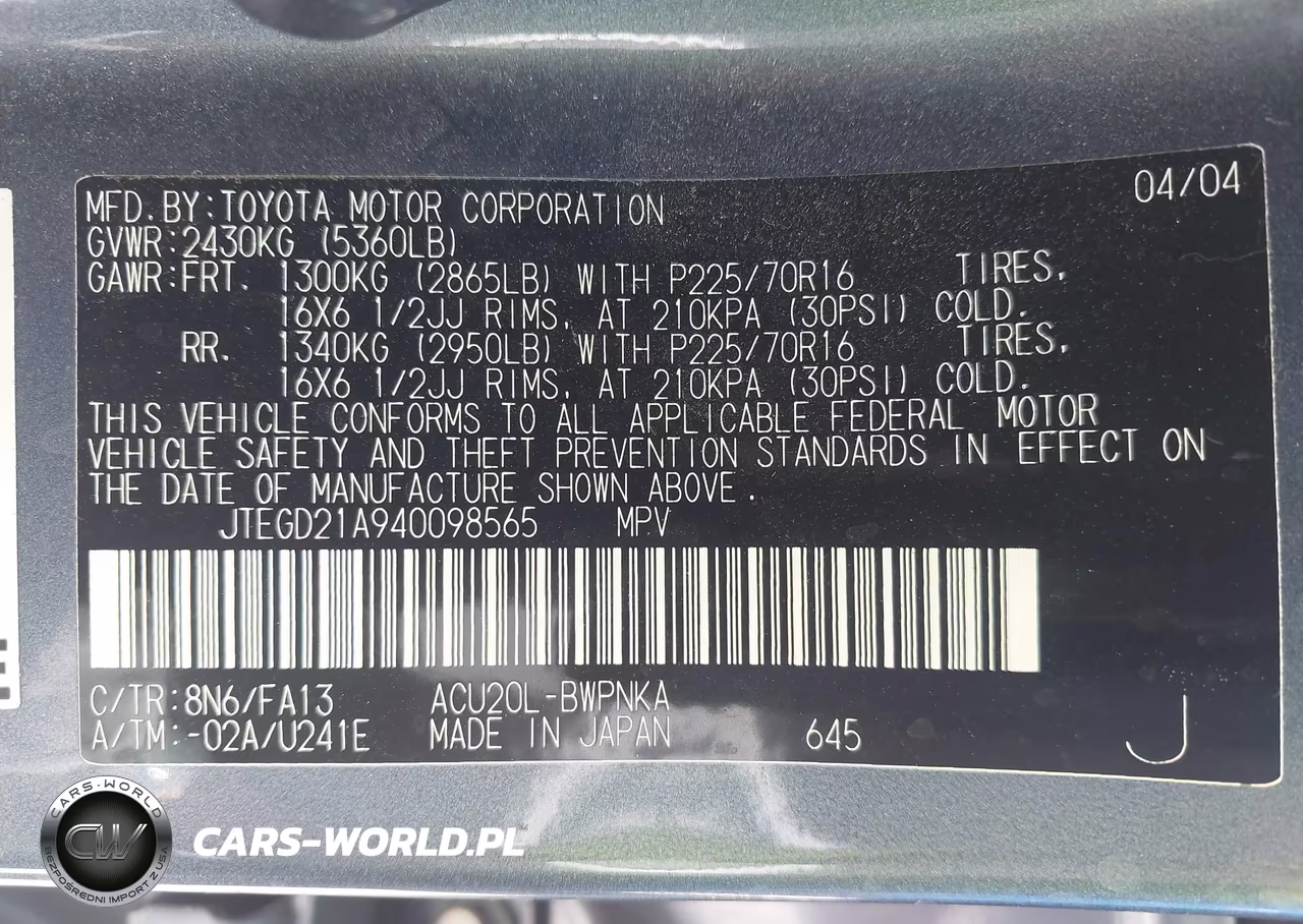 2004 Toyota Highlander VIN:JTEGD21A940098565 - 9