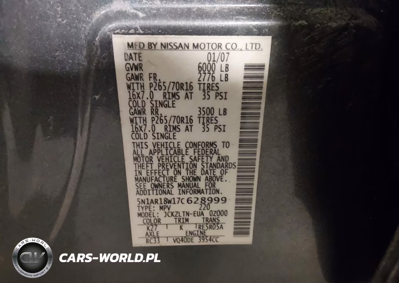 2007 Nissan Pathfinder Se VIN:5N1AR18W17C628999 - 9