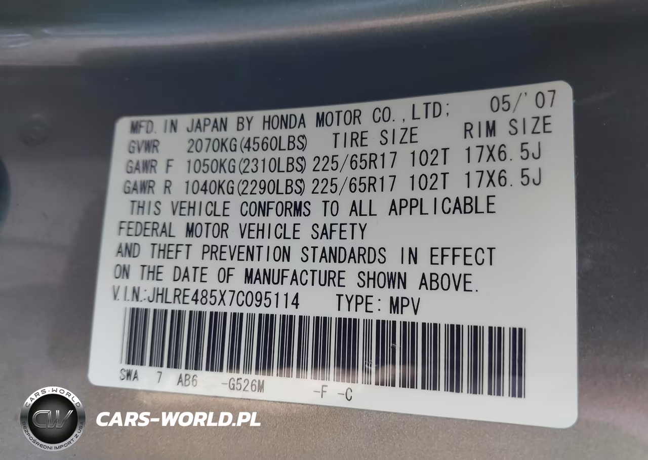 2007 Honda Cr-V Ex VIN:JHLRE485X7C095114 - 9