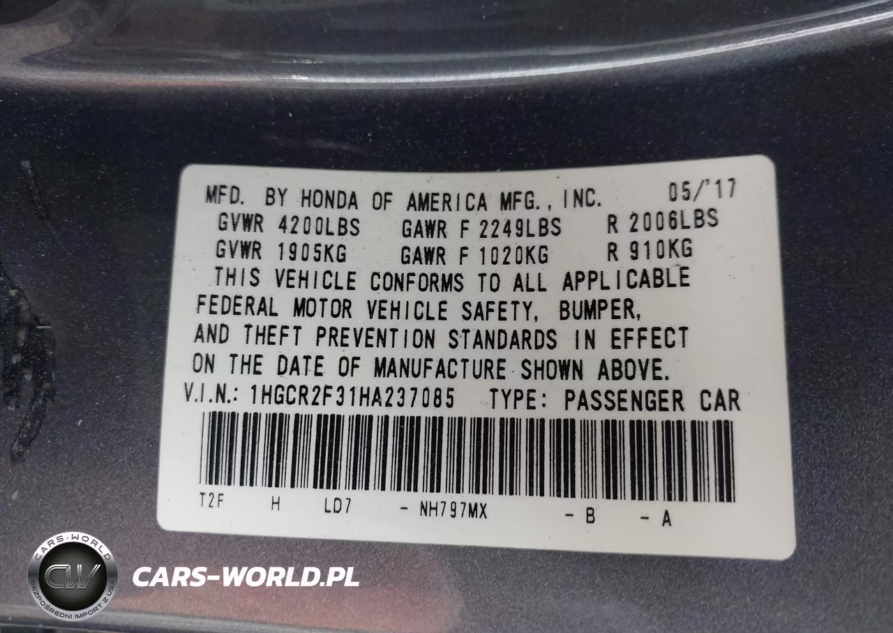 2017 Honda Accord Lx VIN:1HGCR2F31HA237085 - 9