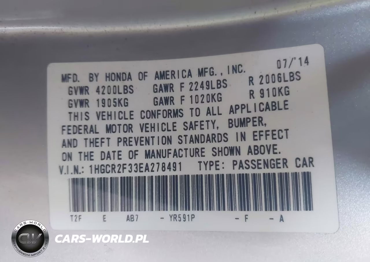 2014 Honda Accord Lx VIN:1HGCR2F33EA278491 - 9