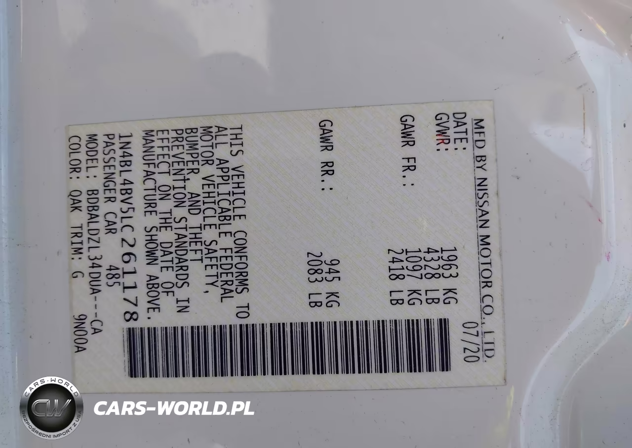 2020 Nissan Altima S Fwd VIN:1N4BL4BV5LC261178 - 9