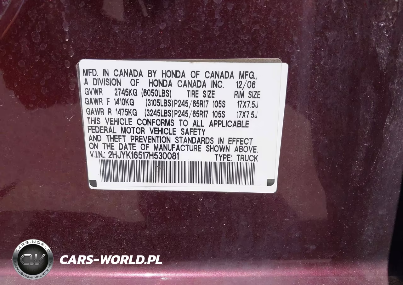 2007 Honda Ridgeline Rtl VIN:2HJYK16517H530081 - 9