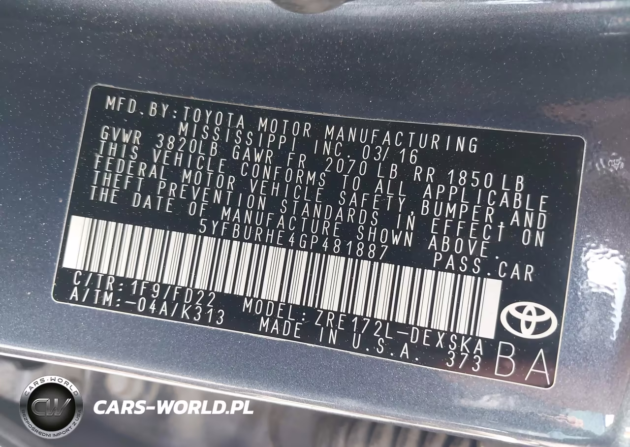 2016 Toyota Corolla S Plus VIN:5YFBURHE4GP481887 - 9