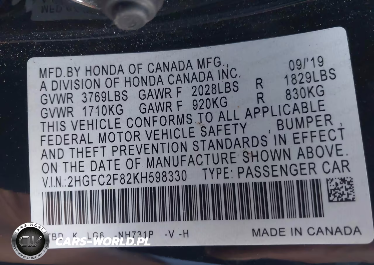 2019 Honda Civic Sport VIN:2HGFC2F82KH598330 - 9