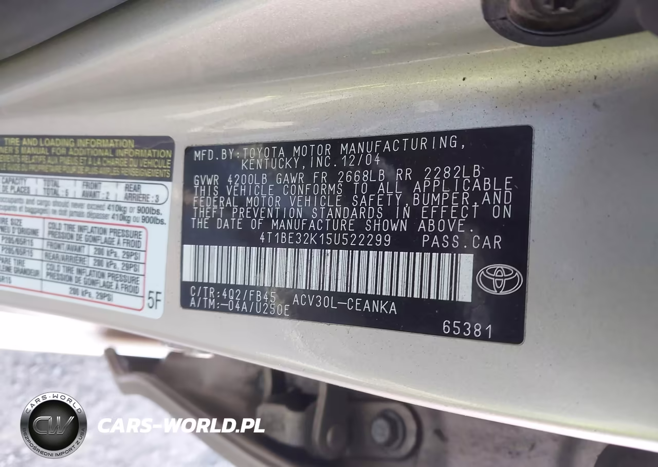 2005 Toyota Camry Le VIN:4T1BE32K15U522299 - 9