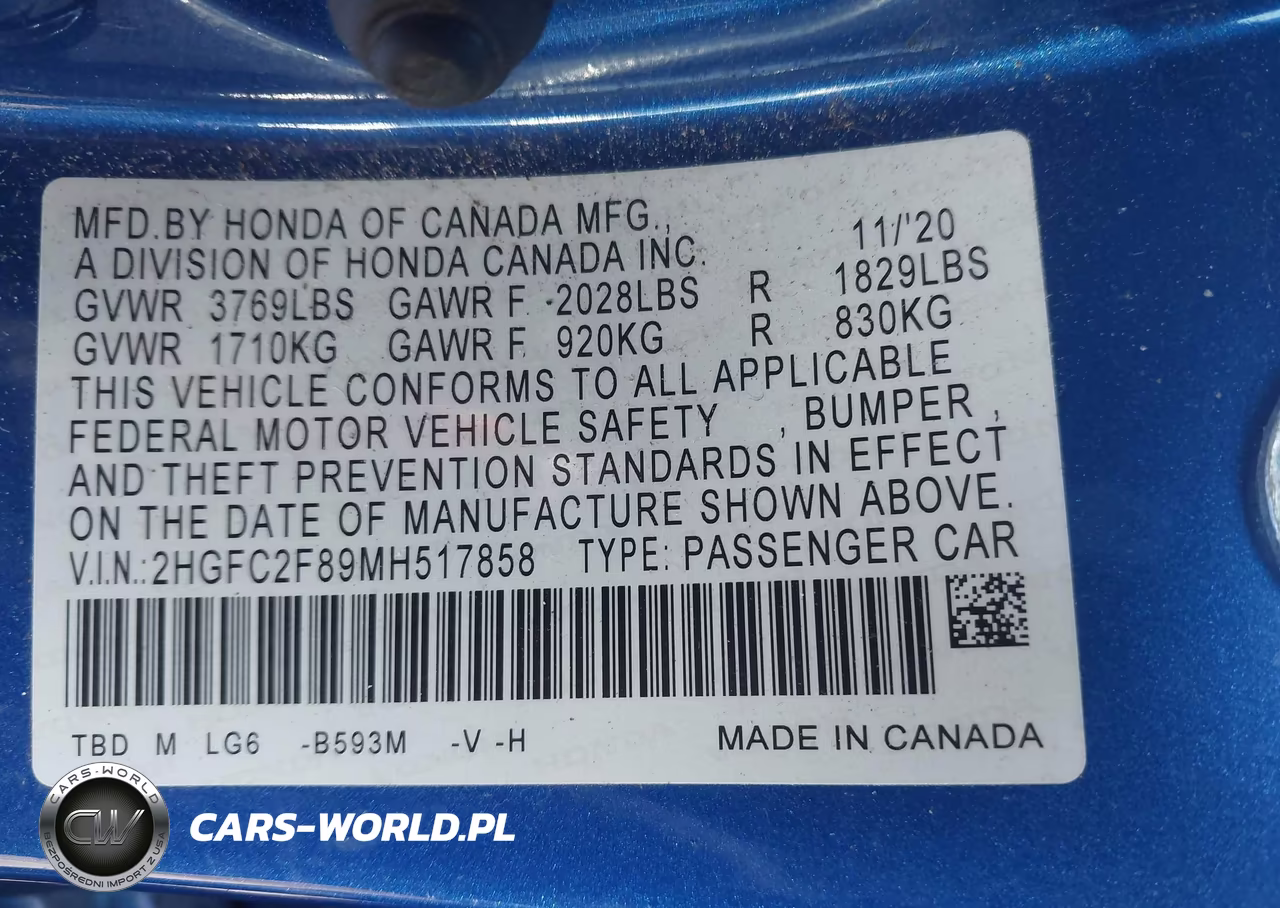 2021 Honda Civic Sport VIN:2HGFC2F89MH517858 - 9
