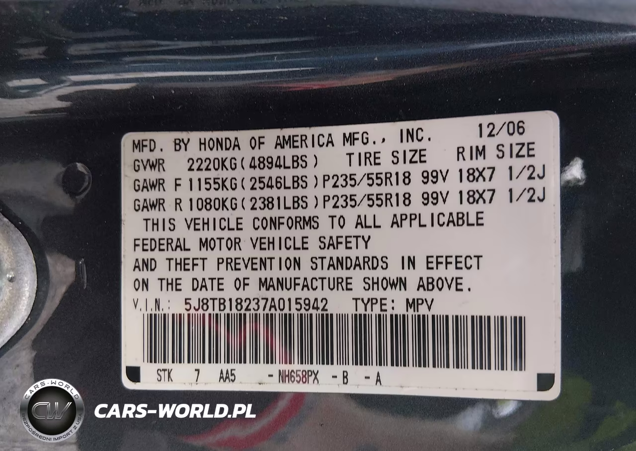 2007 Acura Rdx VIN:5J8TB18237A015942 - 9