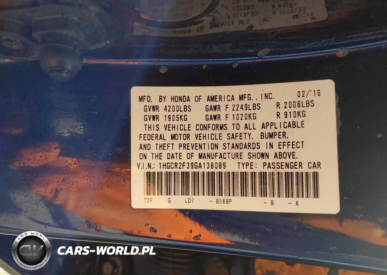 2016 Honda Accord Lx VIN:1HGCR2F39GA138089 - 9