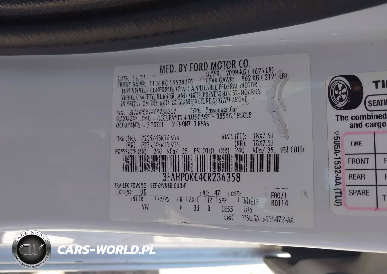 2012 Ford Fusion Sport VIN:3FAHP0KC4CR236358 - 8