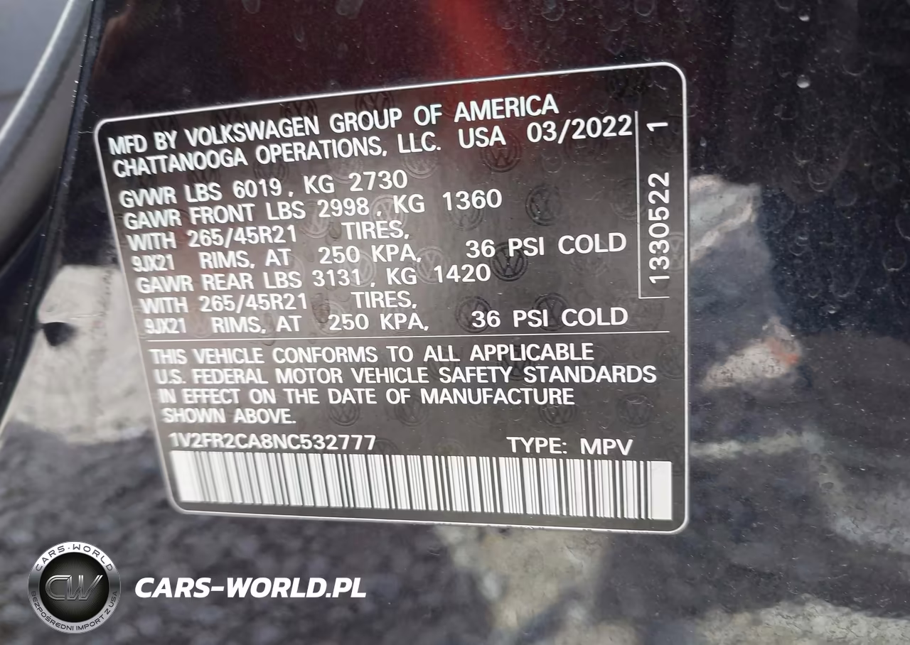 2022 Volkswagen Atlas 3.6L V6 Sel Premium R-Line VIN:1V2FR2CA8NC532777 - 9