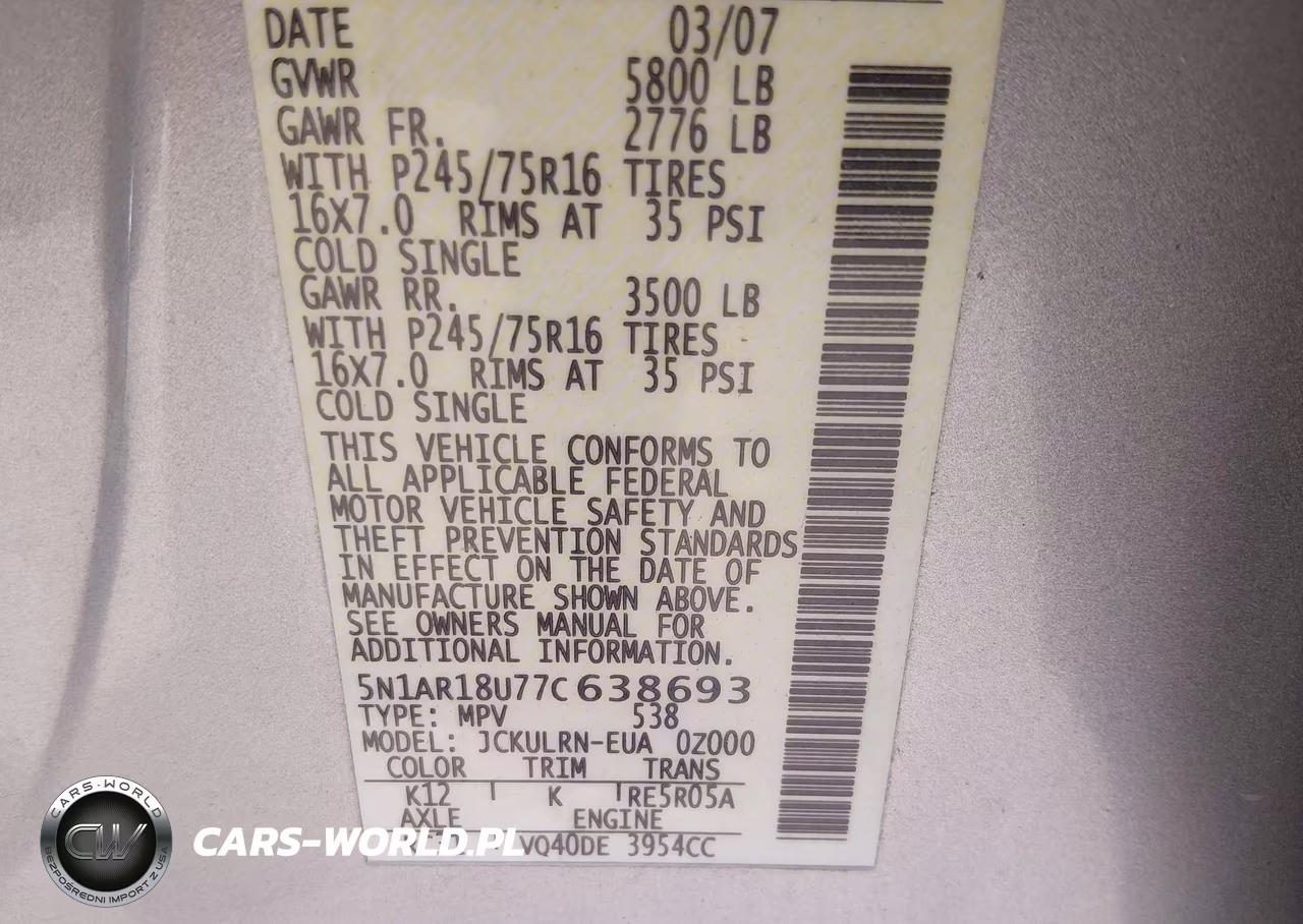 2007 Nissan Pathfinder S VIN:5N1AR18U77C638693 - 9