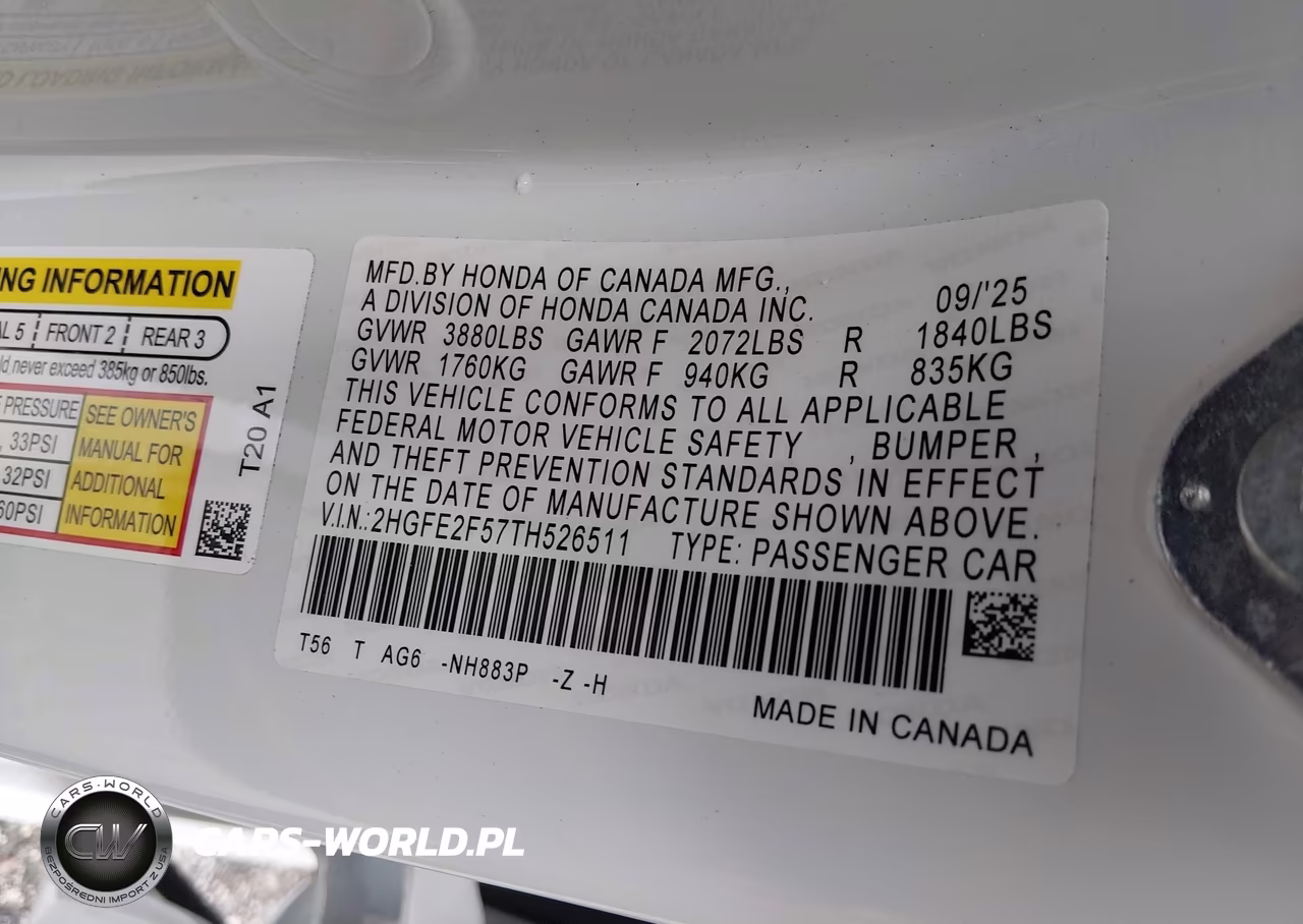 2026 Honda Civic Sport VIN:2HGFE2F57TH526511 - 9