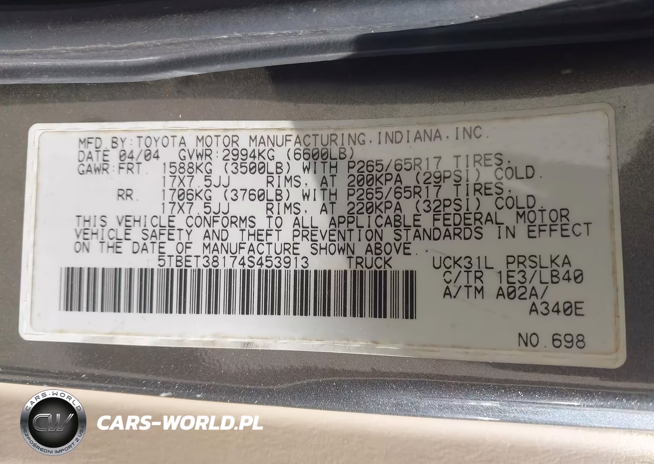 2004 Toyota Tundra Ltd VIN:5TBET38174S453913 - 9
