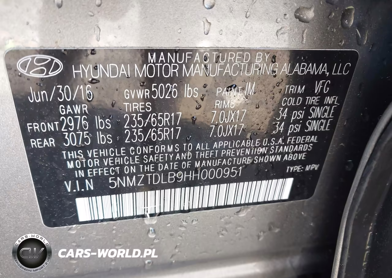 2017 Hyundai Santa Fe Sport 2.4L VIN:5NMZTDLB9HH000951 - 9