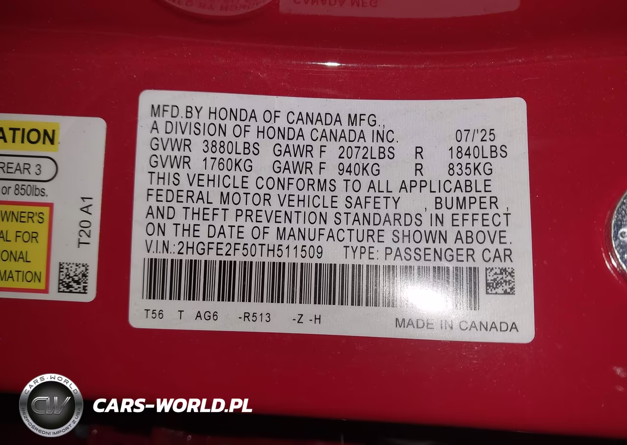 2026 Honda Civic Sport VIN:2HGFE2F50TH511509 - 9