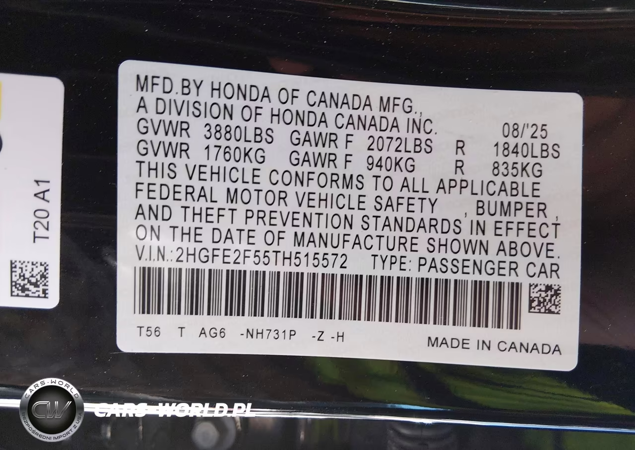 2026 Honda Civic Sport VIN:2HGFE2F55TH515572 - 9