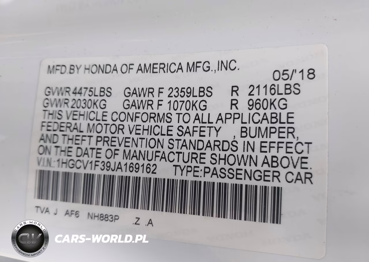 2018 Honda Accord Sport VIN:1HGCV1F39JA169162 - 9