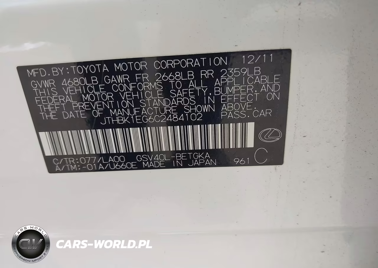 2012 Lexus Es 350 VIN:JTHBK1EG6C2484102 - 9