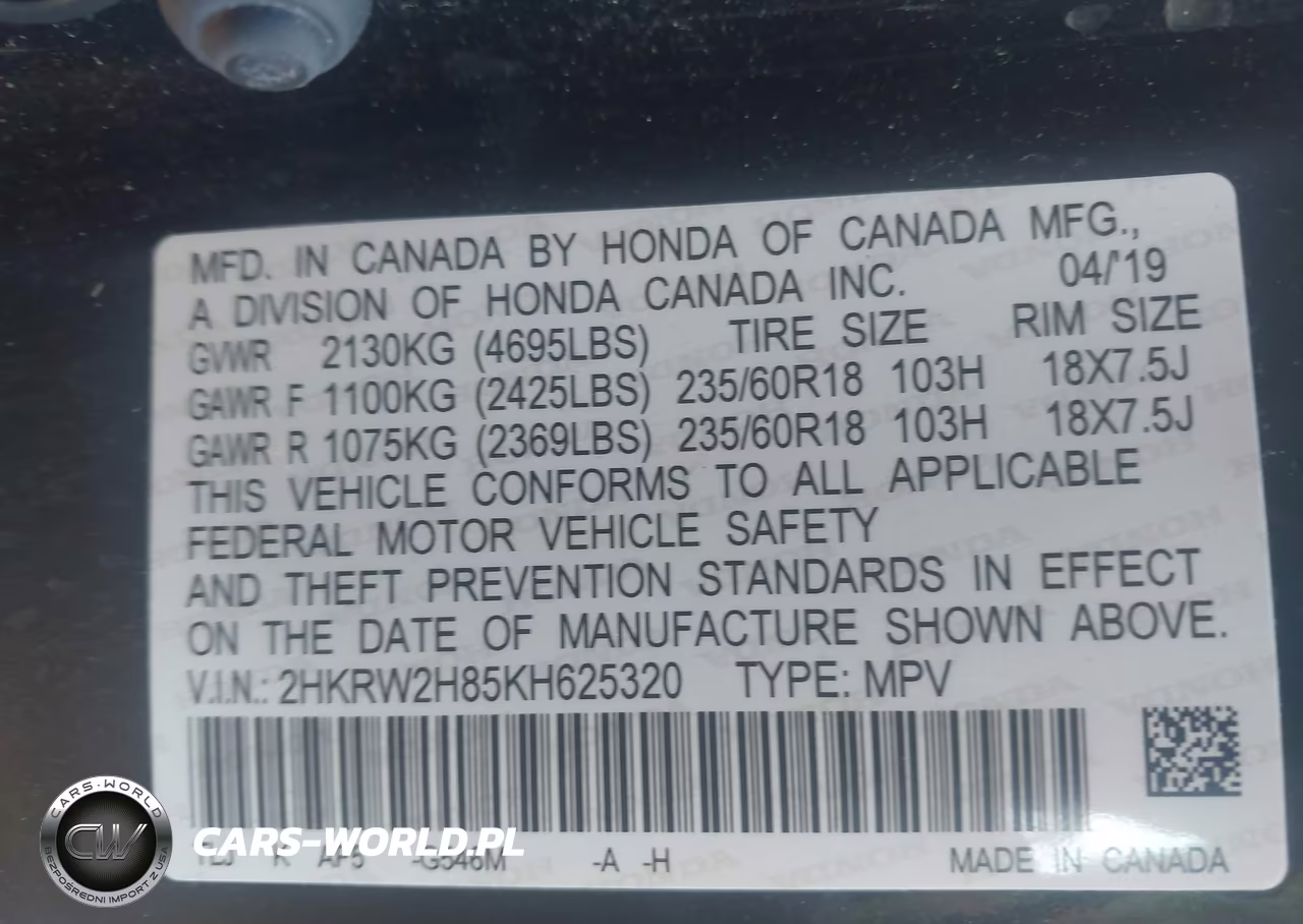 2019 Honda Cr-V Ex-L VIN:2HKRW2H85KH625320 - 9