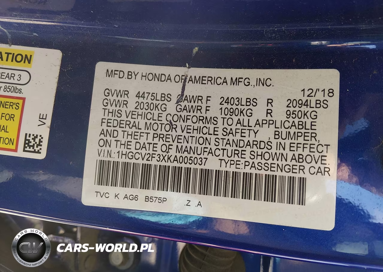 2019 Honda Accord Sport 2.0T VIN:1HGCV2F3XKA005037 - 9