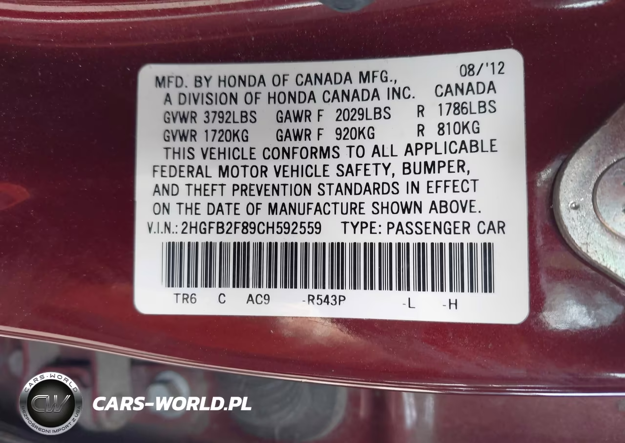 2012 Honda Civic Ex VIN:2HGFB2F89CH592559 - 9