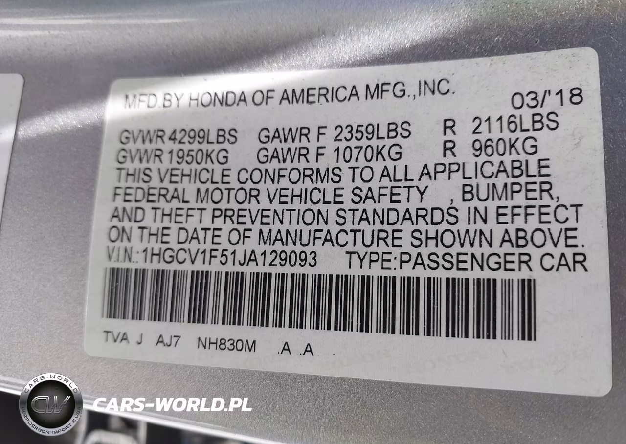 2018 Honda Accord Ex-L VIN:1HGCV1F51JA129093 - 9