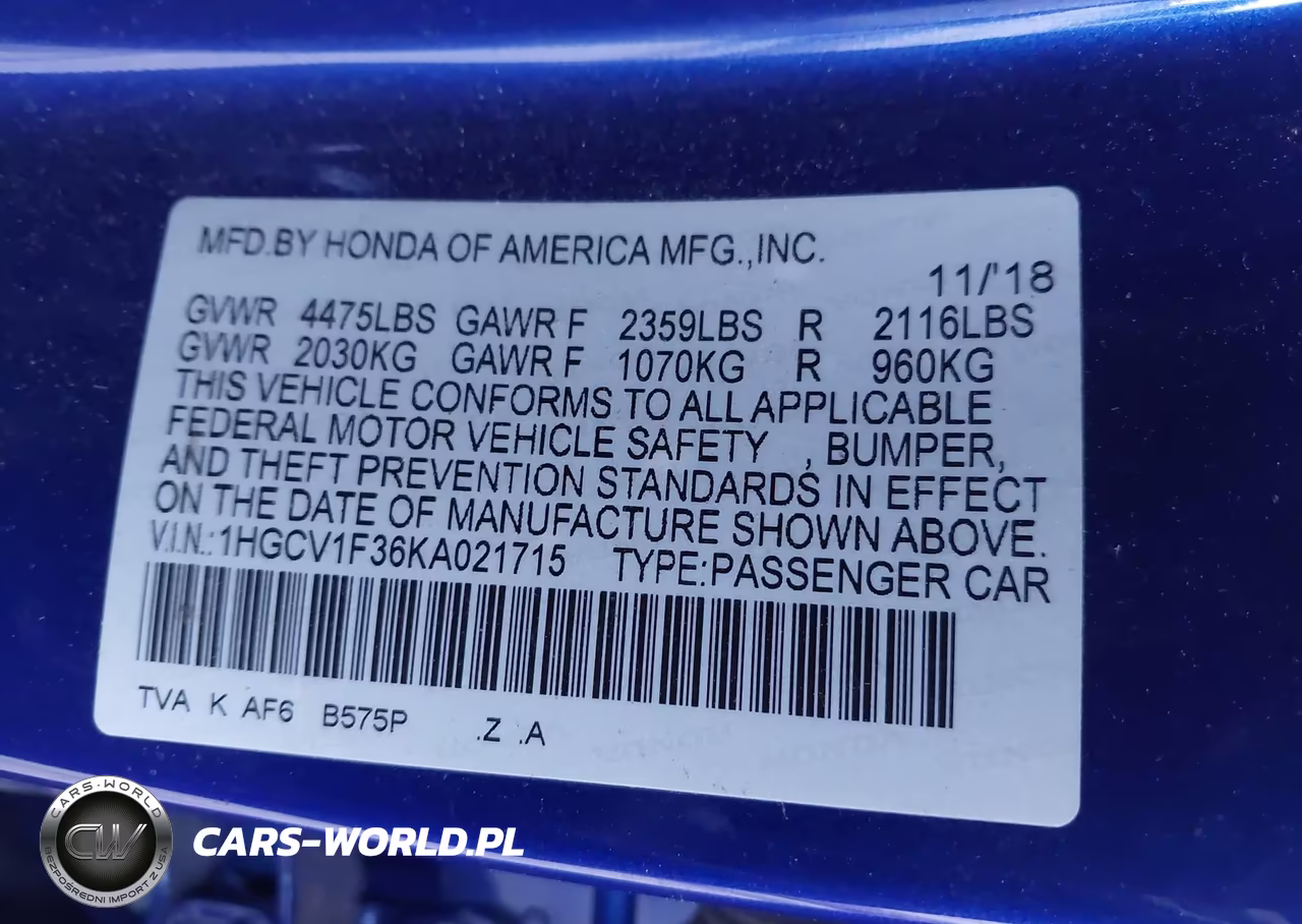 2019 Honda Accord Sport VIN:1HGCV1F36KA021715 - 9