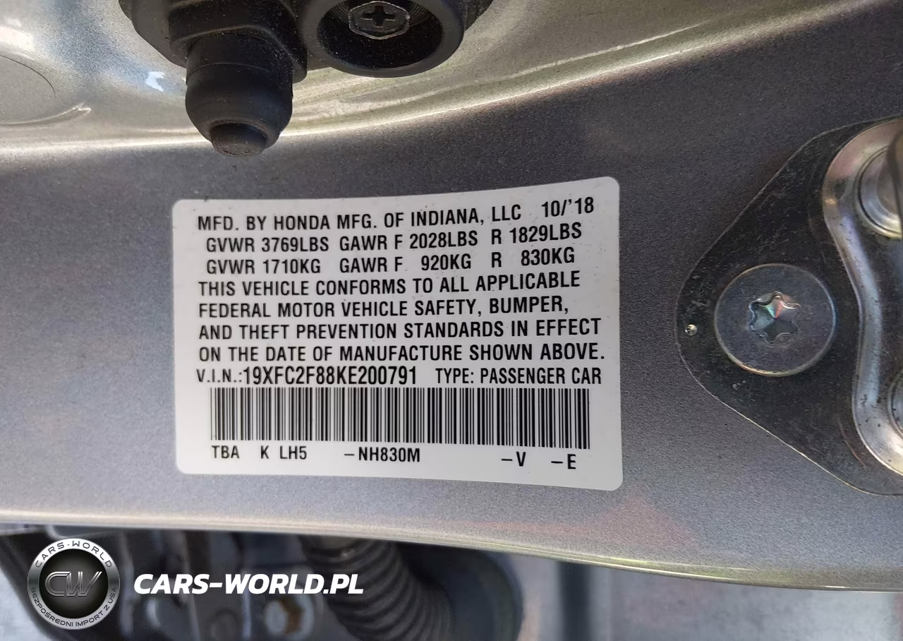 2019 Honda Civic Sport VIN:19XFC2F88KE200791 - 9