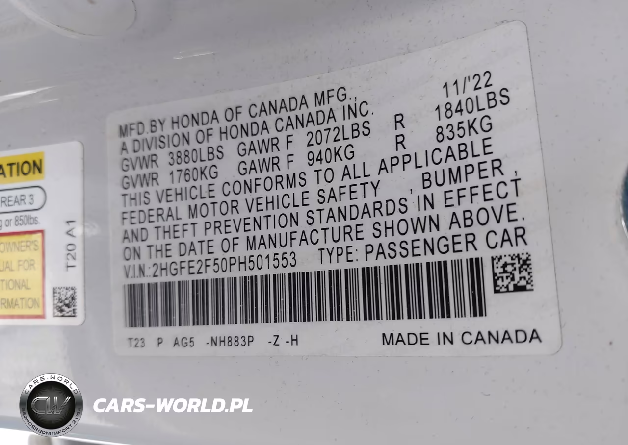 2023 Honda Civic Sport VIN:2HGFE2F50PH501553 - 9