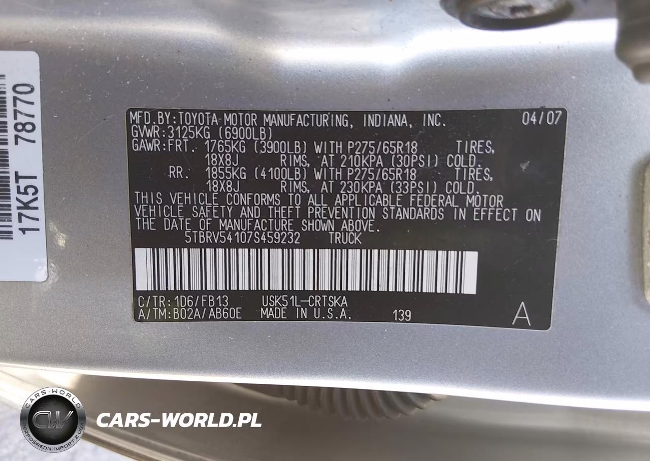 2007 Toyota Tundra Sr5 V8 VIN:5TBRV54107S459232 - 9