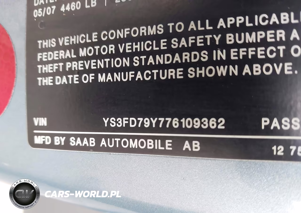2007 Saab 9-3 2.0T VIN:YS3FD79Y776109362 - 9