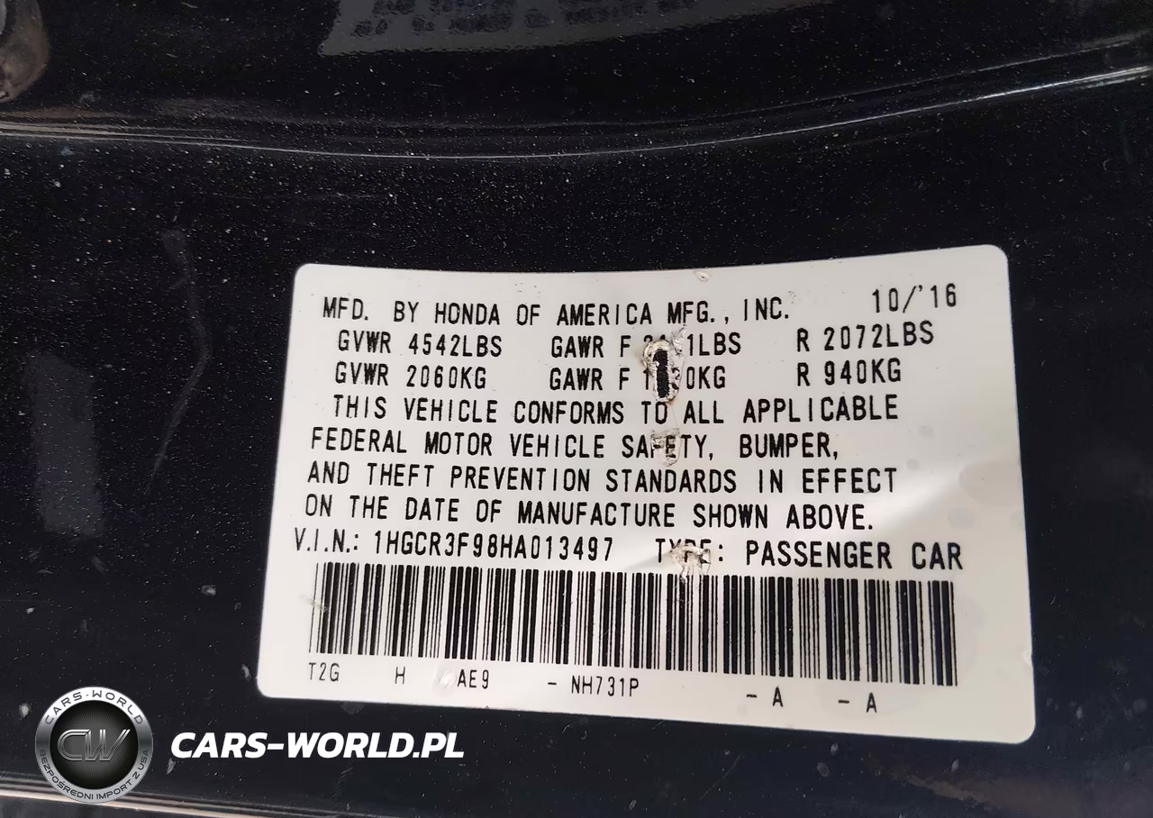 2017 Honda Accord Touring V6 VIN:1HGCR3F98HA013497 - 9