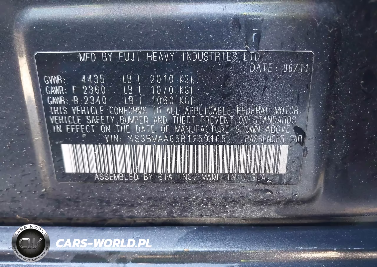 2011 Subaru Legacy 2.5I VIN:4S3BMAA65B1259165 - 9