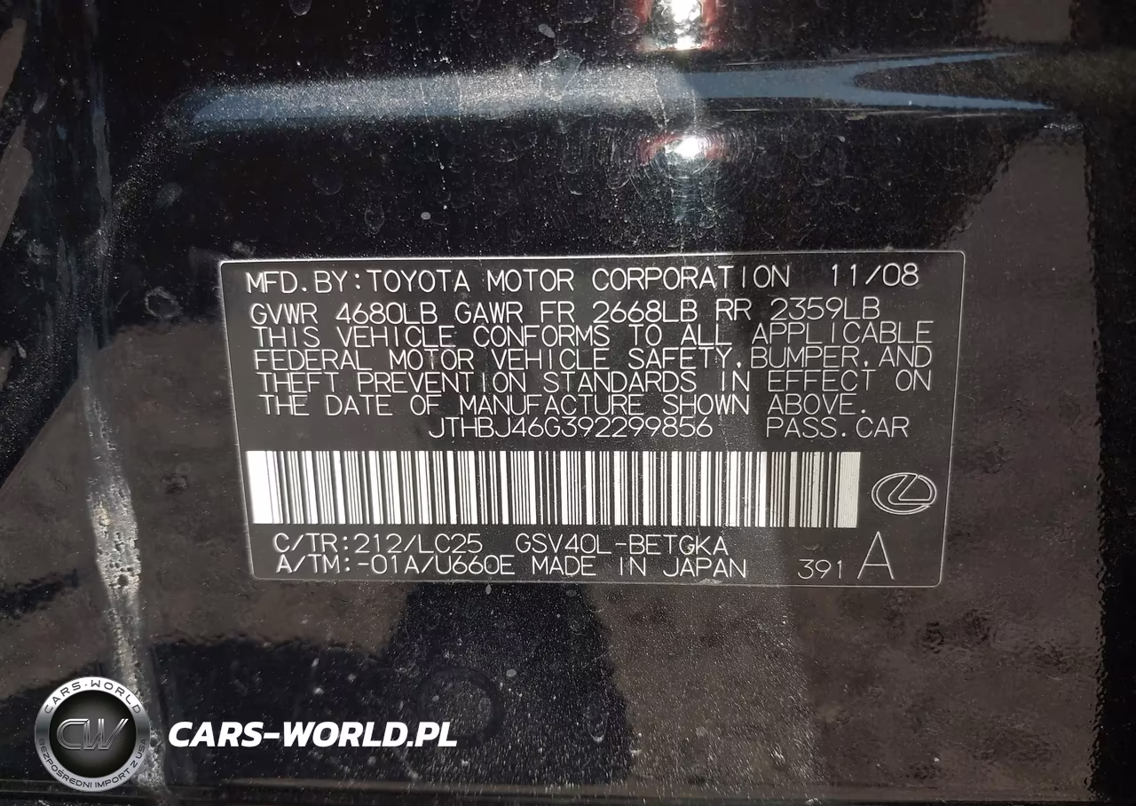2009 Lexus Es 350 VIN:JTHBJ46G392299856 - 9