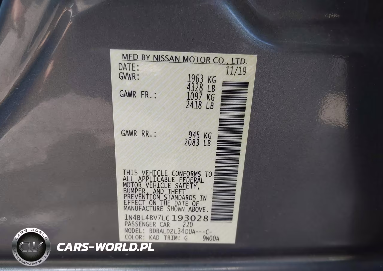 2020 Nissan Altima S Fwd VIN:1N4BL4BV7LC193028 - 9