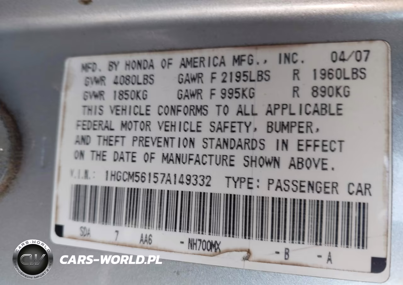 2007 Honda Accord 2.4 Vp VIN:1HGCM56157A149332 - 9