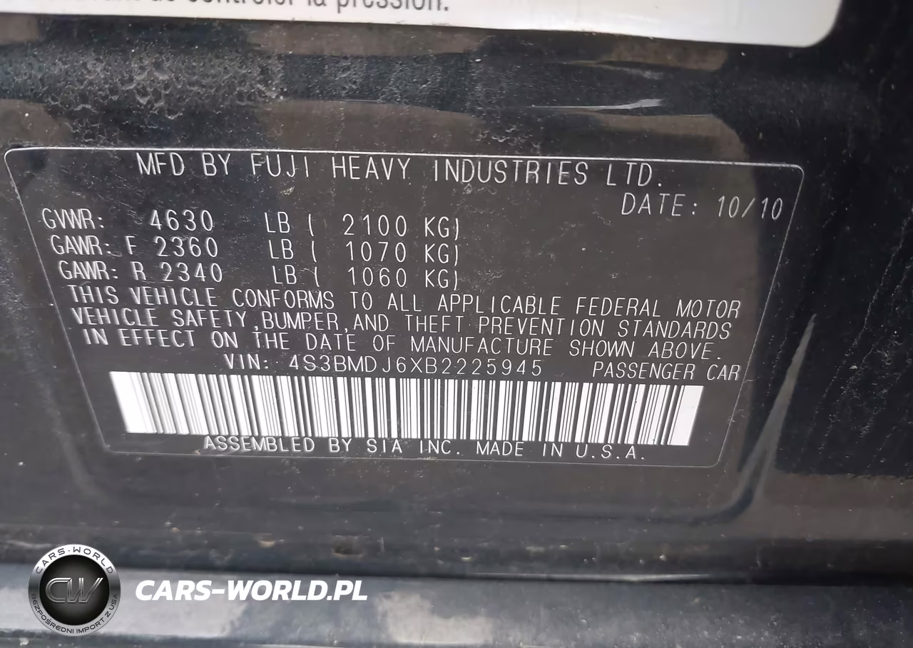 2011 Subaru Legacy 3.6R Limited VIN:4S3BMDJ6XB2225945 - 9