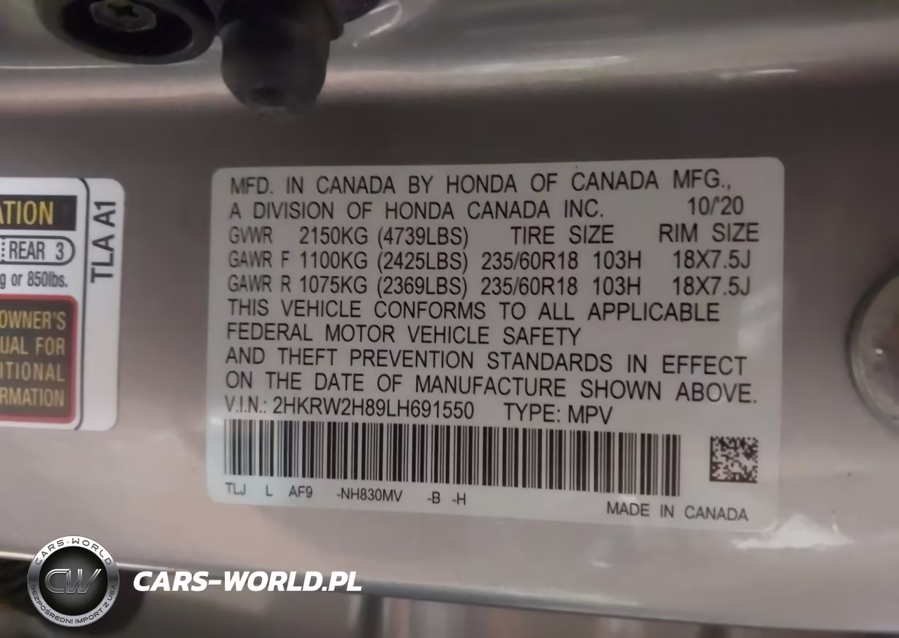 2020 Honda Cr-V Awd Ex-L VIN:2HKRW2H89LH691550 - 9