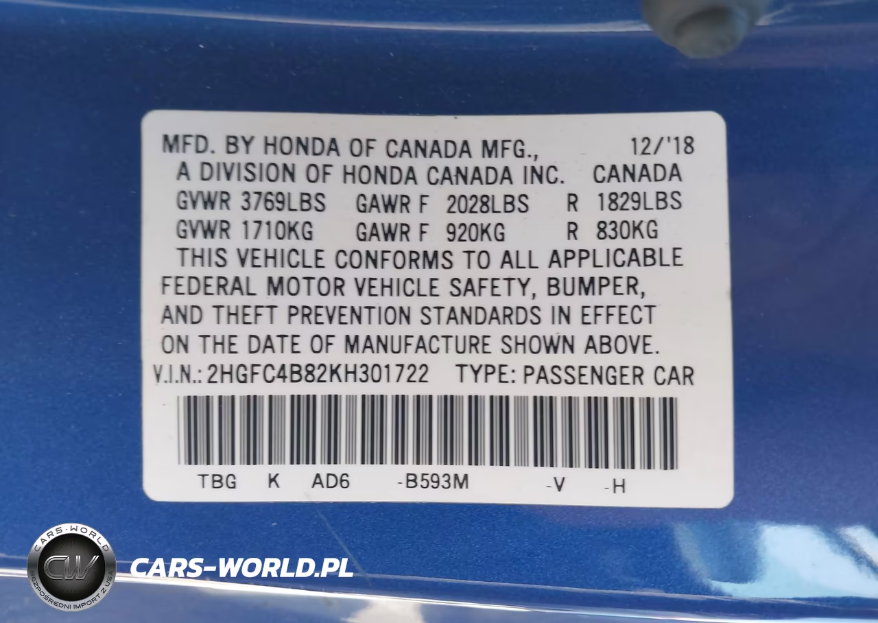 2019 Honda Civic Sport VIN:2HGFC4B82KH301722 - 9