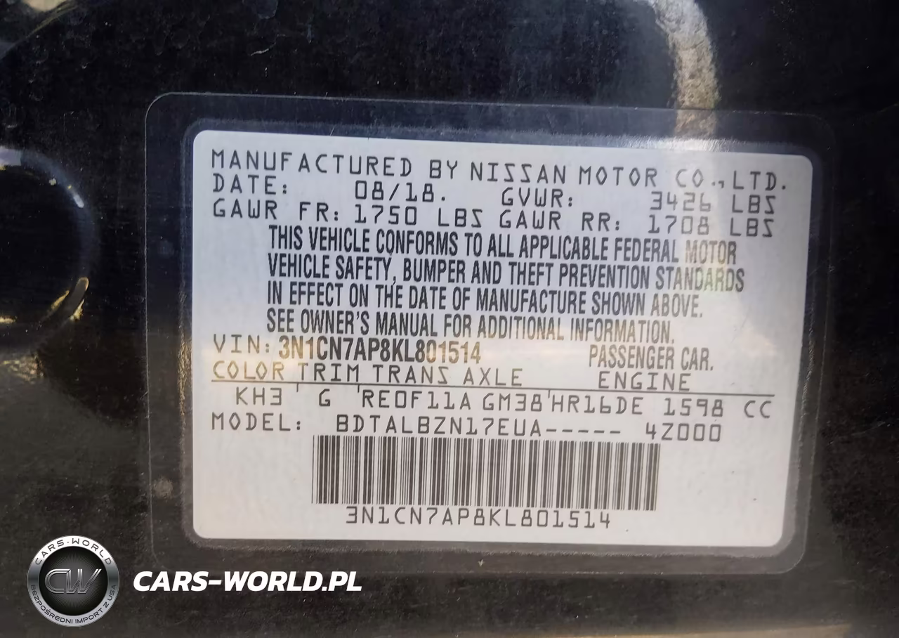 2019 Nissan Versa 1.6 Sv VIN:3N1CN7AP8KL801514 - 9
