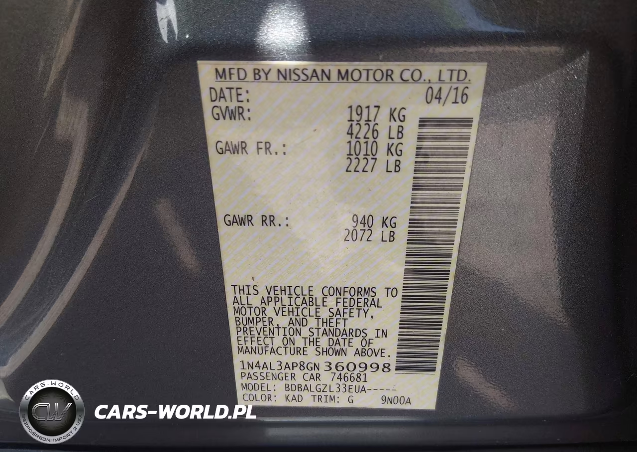 2016 Nissan Altima 2.5-2.5 S-2.5 Sl-2.5 Sr-2.5 Sv VIN:1N4AL3AP8GN360998 - 9