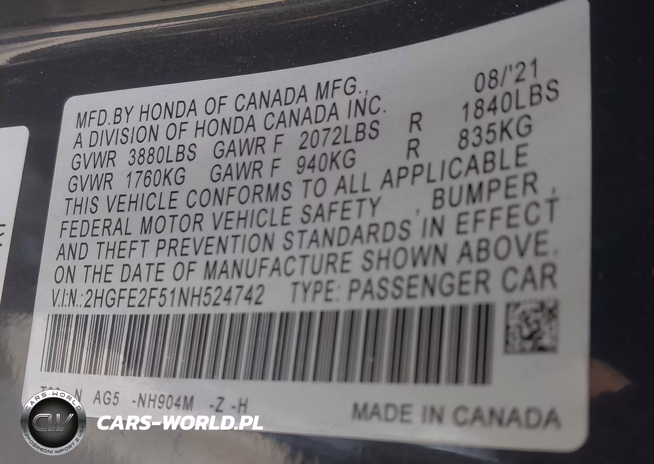 2022 Honda Civic Sport VIN:2HGFE2F51NH524742 - 9