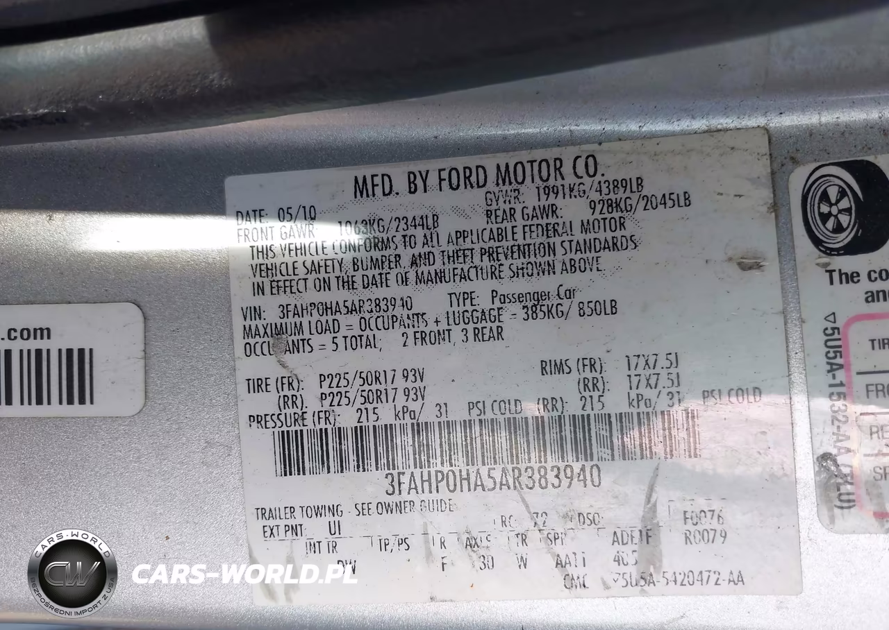 2010 Ford Fusion Se VIN:3FAHP0HA5AR383940 - 9