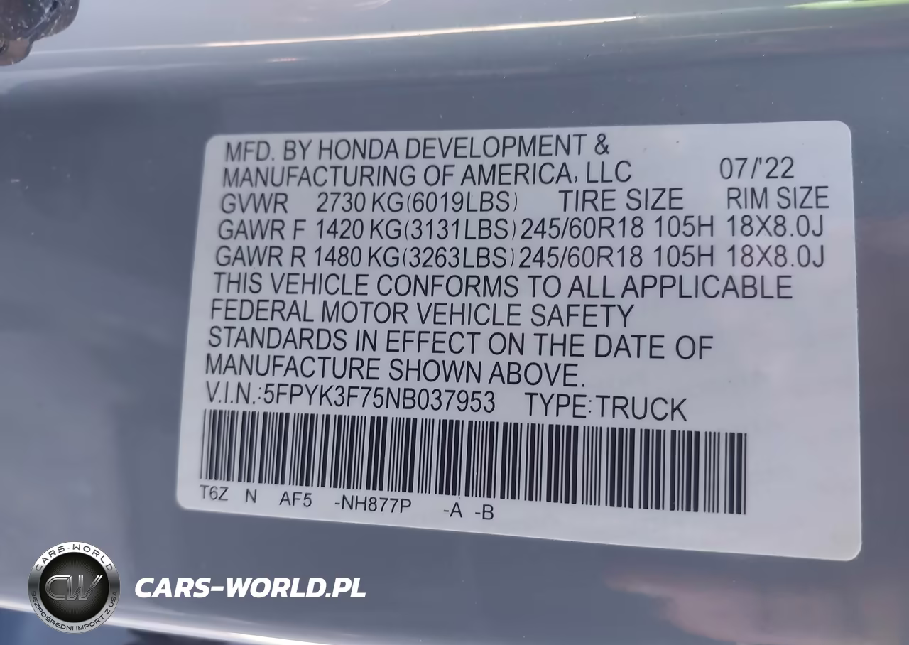 2022 Honda Ridgeline Rtl-E VIN:5FPYK3F75NB037953 - 9