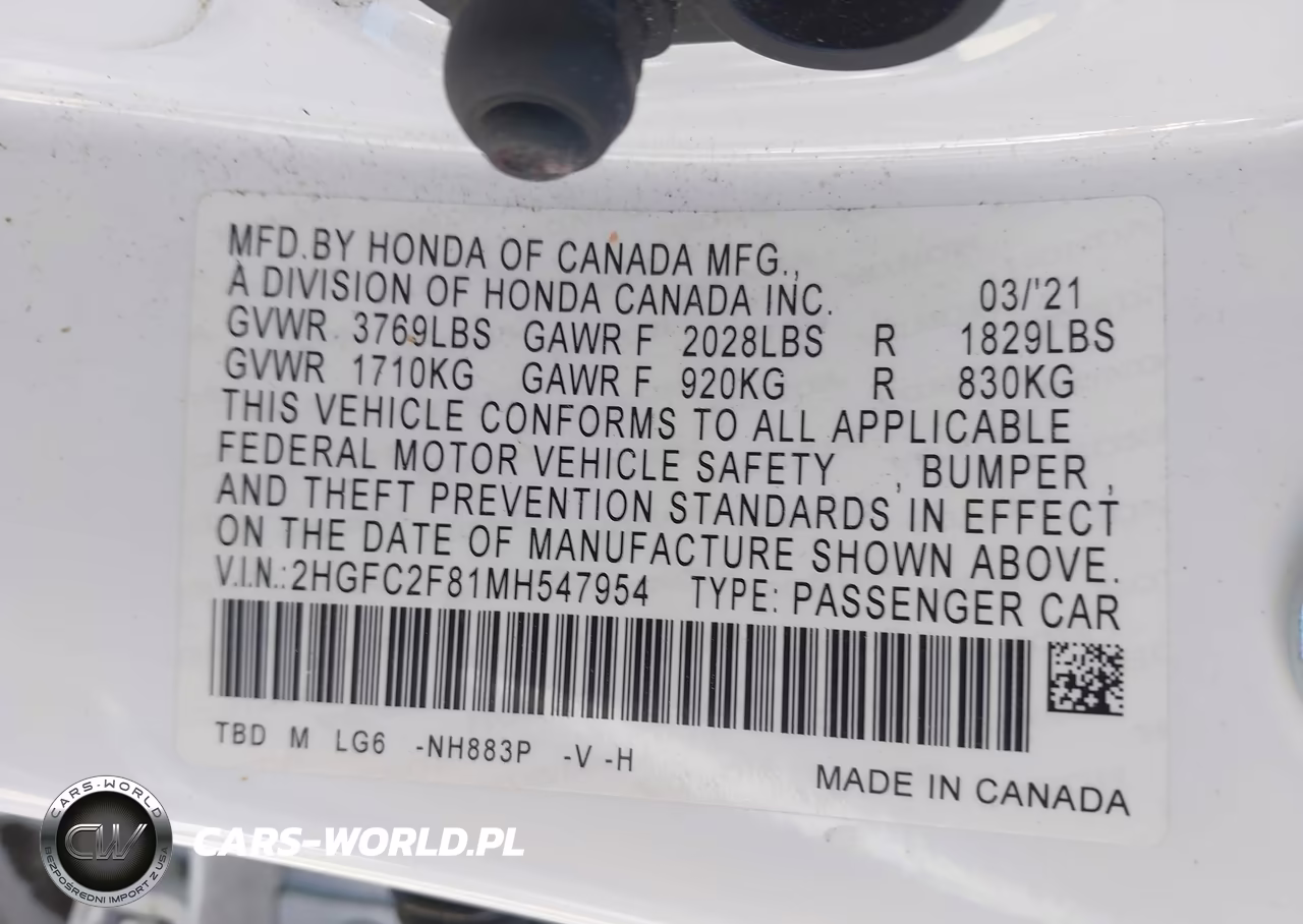 2021 Honda Civic Sport VIN:2HGFC2F81MH547954 - 9