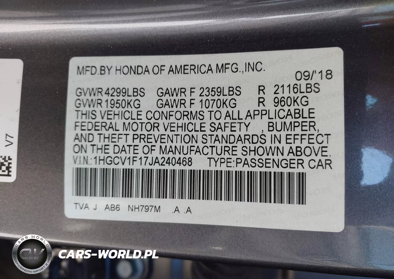 2018 Honda Accord Lx VIN:1HGCV1F17JA240468 - 9
