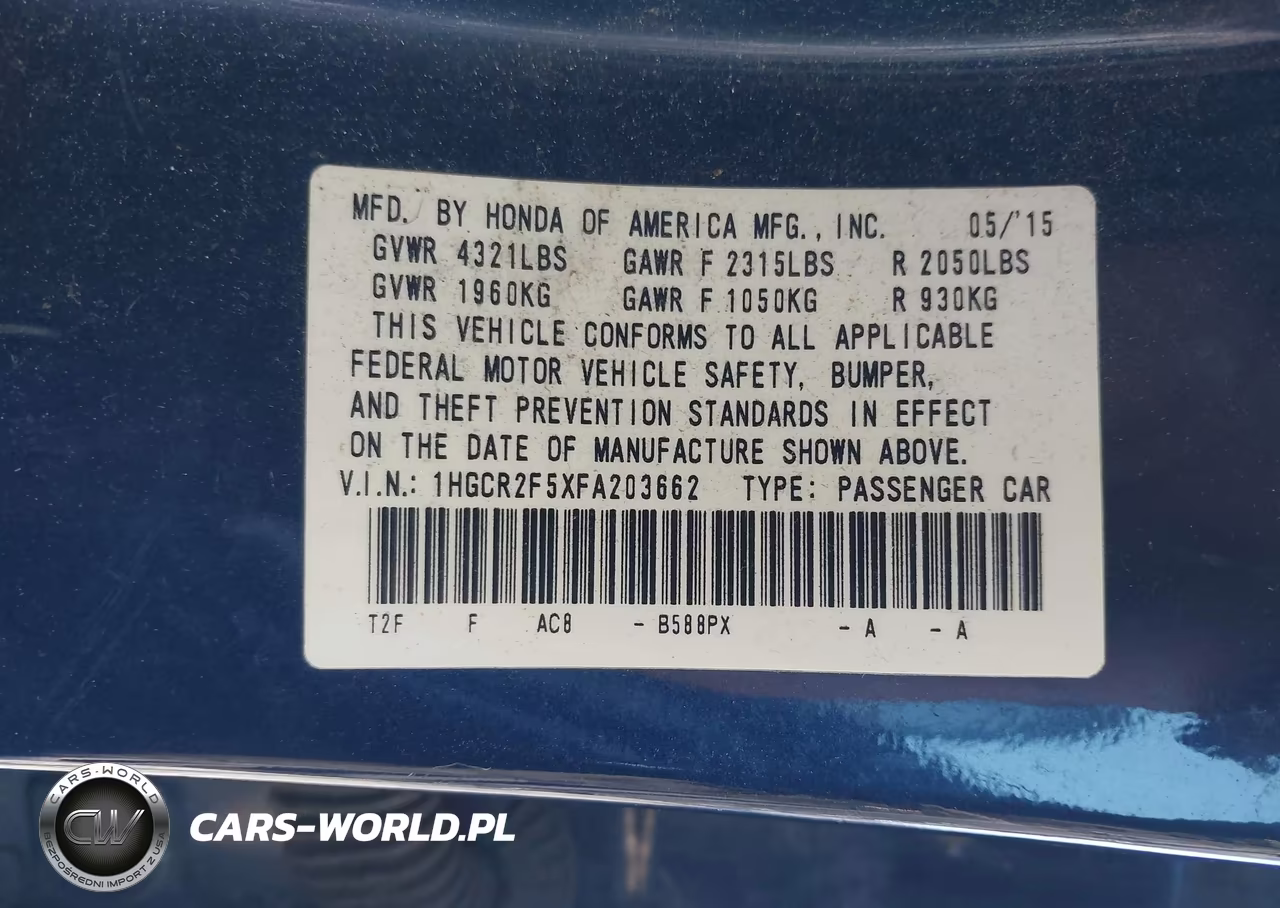 2015 Honda Accord Sport VIN:1HGCR2F5XFA203662 - 9